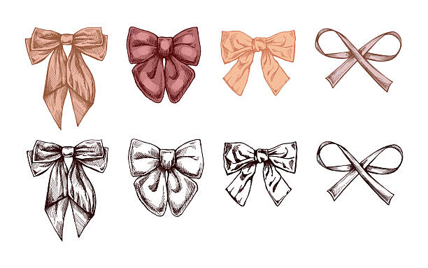 Vintage bow hand drawn colored and black sketch set in engraved style