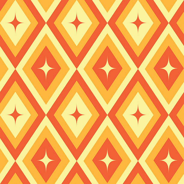 Mid Century Retro Starbursts seamless pattern on harlequin Diamonds in orange, red and light cream. For home décor, wallpaper and fabric