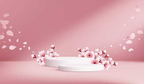 istock Vector Illustration of a Soft Pink Background With Petal Decorated Platforms and Cherry Blossom Accents 2208988721