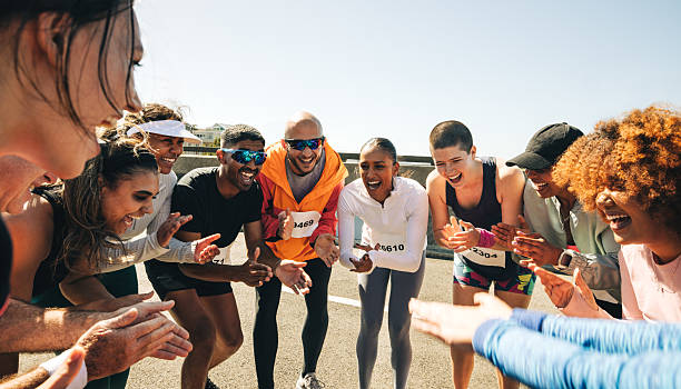 Cheering, collage and people with celebration, marathon and fitness with competition. Athlete, goals and healthy runners with montage, excited and winning with victory, achievement and success