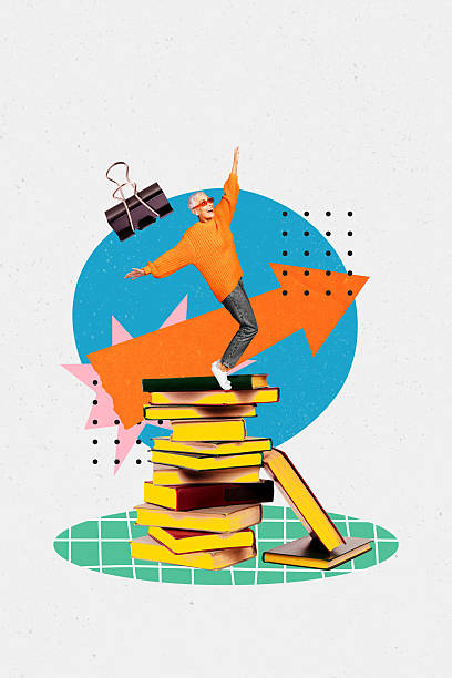 istock Image 3d zine vertical collage of happy old businesswoman stand book stack arrow development concept career promotion growth 2208991713