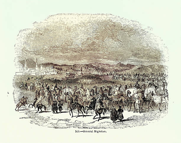 Arabian nomadic tribe migrating across the desert using camels and horses, Victorian woodcut illustrations, 19th Century