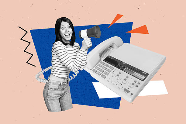 istock Composite sketch image trend artwork collage of young lady smile hand hold loudspeaker landline phone call service vacancy office manager 2208993937
