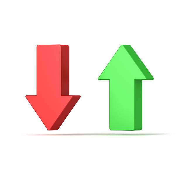 istock Red down arrow and green up arrow isolated on white background with shadows 3D rendering 2208995947