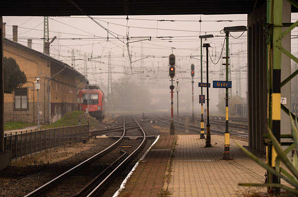 Gyor, Hungary - November 10, 2024: Foggy Railway Hub in Western Hungary