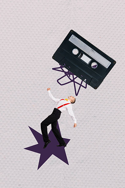 istock Creative trend collage of young guy dancer having fun under tape record grey color background 2209004783