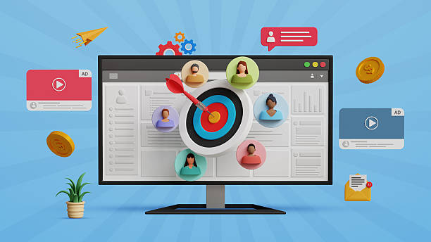 istock Target customer, marketing segmentation, ads strategy, digital marketing, advertising campaign, customer acquisition concept. 3D computer screen with dartboard and target audience 2209007339