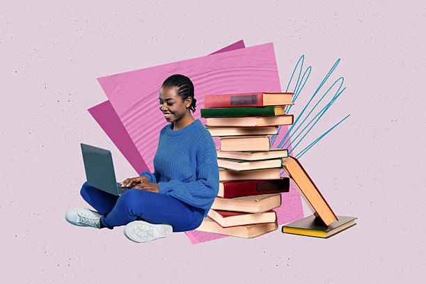 istock Creative pop poster sketch art collage of happy student girl guy do homework book stack education concept bookworm hobby reader 2209011795