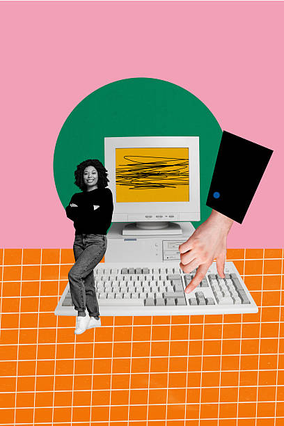 istock Creative artwork image collage of young worker girl standing near computer pc with keyboard 2209013000