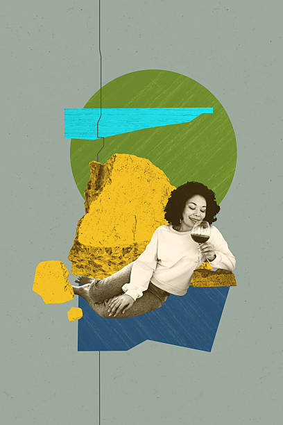 istock Trend artwork collage template composite sketch of young lady lying down sit hand hold alcohol cocktail friday drink club stone outdoors 2209013003