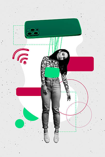 istock Composite 3D collage trend artwork template design of smartphone addiction wifi connection puppeteer young woman hang line doll pose 2209013951