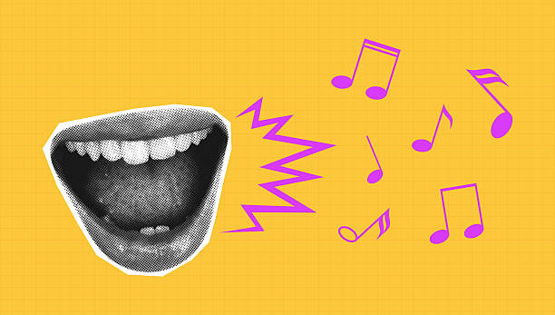 Halftone singing mouth. Modern collage with female mouth that sings and musical notes. Template for banner, poster, social media and ads. Vector illustration.