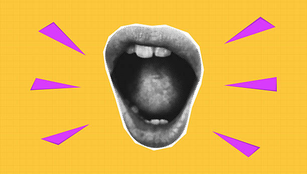 istock Halftone screaming mouth. Modern collage with female mouth that screams. Template for banner, poster, social media and ads. Vector. 2209014101