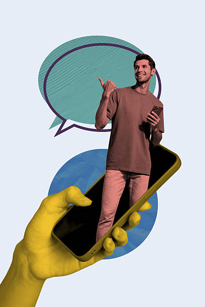 istock Composite image montage trend artwork 3D collage of hand hold smartphone doplay man stand thumb shoe dialog bubble texting note email 2209014833