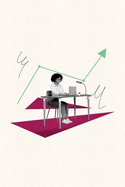 istock Poster image collage of young girl manager sit table workplace work computer over pastel background with arrows plane 2209016795