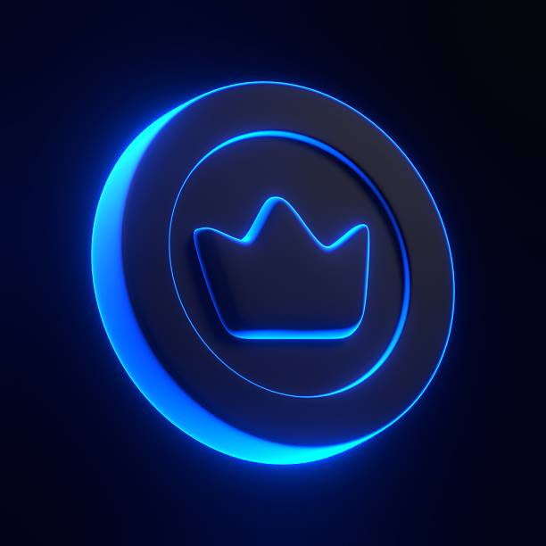 istock Coin featuring a crown symbol with blue neon lights on black background 2209018472