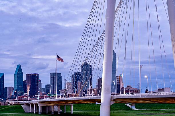 Dallas, TX, USA - 04.06.2025- Downtown Dallas, TX behind the Margaret Hunt Bridge at Dusk