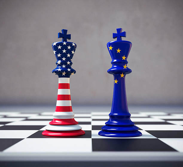 istock Chess king with USA and European flag 2209043357