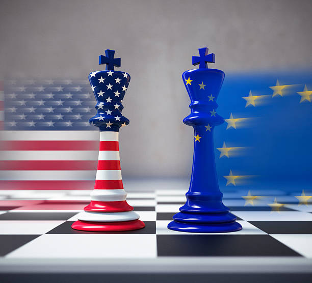 istock Chess king with USA and European flag 2209047235