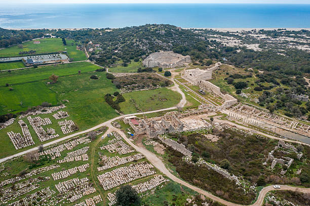 Patara aerial panoramic view. Patara was an ancient city and for a period the capital of Lycia. It is located on the coast near the Gelemis village in Antalya Province, Turkey.