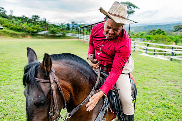 istock Mature farmer man caressing his horse at farm 2209050794