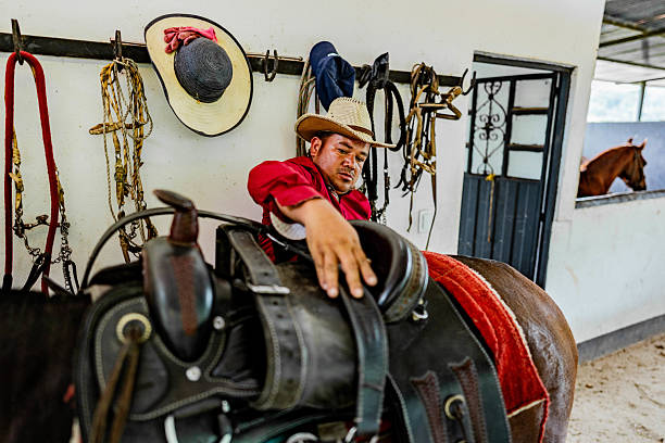 istock Mature farmer man putting saddle on horse at farm 2209050817