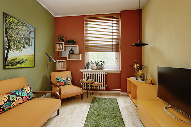 interior shots of a modern living room with fabric sofa , a frame made of roses and resin floor