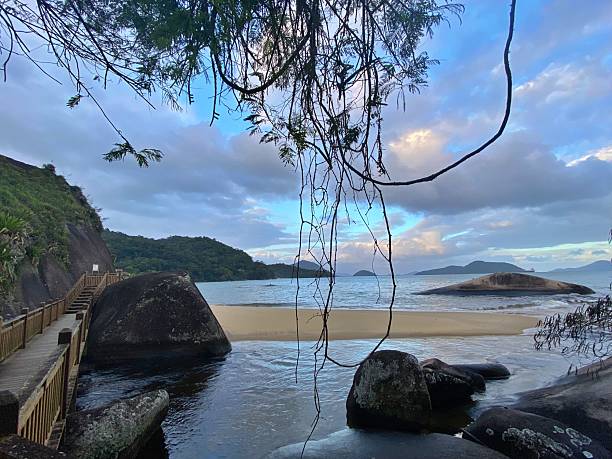 istock Tropical beach with rocks and sunset sky. 2209058374