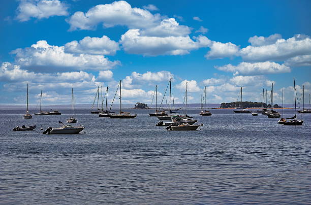 A tranquil scene on Long Island Sound, with numerous sailboats and motorboats anchored in the calm waters.