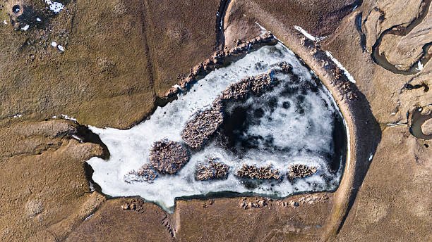 Winding stream beds and dried-up marshlands display the traces that nature has left over time and seasons. This scene, which resembles an abstract painting when viewed from above, is an inspiring visual for projects themed around nature art, geographical forms, waterways and natural cycles. Taken from the air with a drone.
