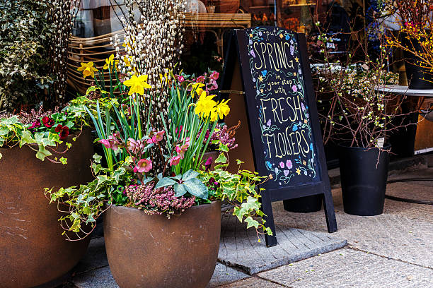 Boston, Massachusetts, USA - March 28, 2025: Close-up of a flower shop's Springtime display on a city sidewalk.