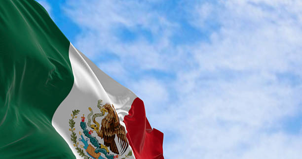 istock Mexican flag with coat of arms fluttering in the wind, 3D render 2209072277