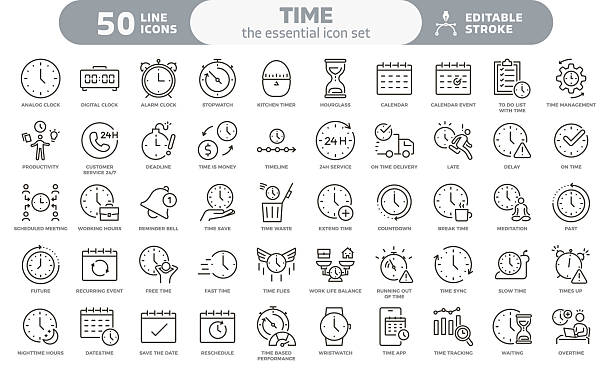 stockillustraties, clipart, cartoons en iconen met time icon set. thin line editable stroke icons. clocks, calendars, time management, productivity, deadlines, calendars, schedule, productivity, business efficiency, time management, dates, performance - tijd