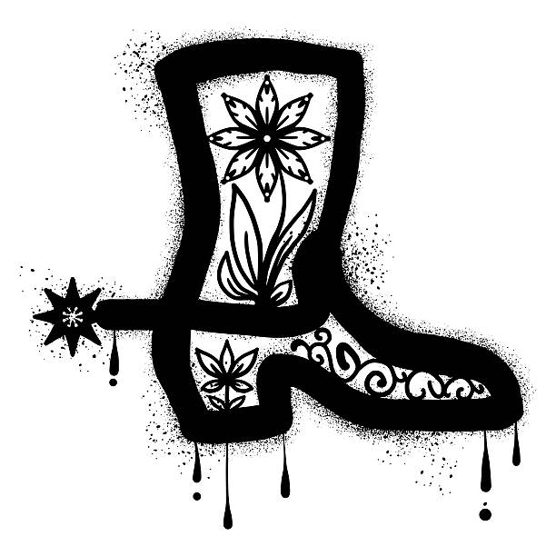 Cowboy boots graffiti with black spray paint. Drawing cowboy boots graffiti