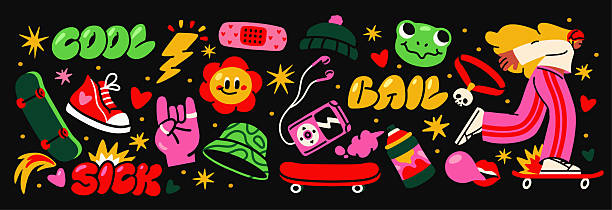 Retro skater stickers. Hipster y2k stickers or badges with skateboard, cool inscriptions, lightning and spray paint in groovy style. Flat vector illustration collection isolated on background