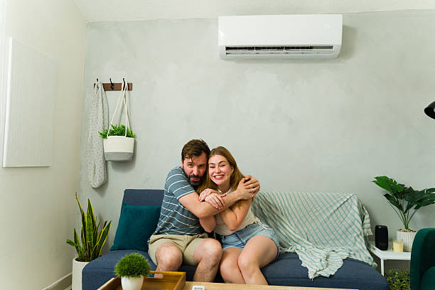istock Cold couple hugging on sofa under air conditioning unit, enjoying cool air on summer day 2209077002