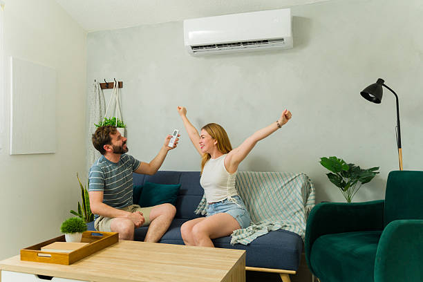 istock Excited couple feeling comfortable at home using air conditioning unit 2209077026