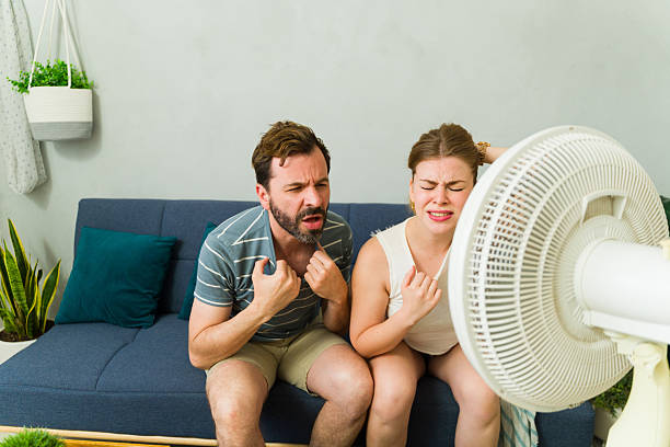 istock Stressed couple sweating at home during summer heat wave using a fan 2209077256