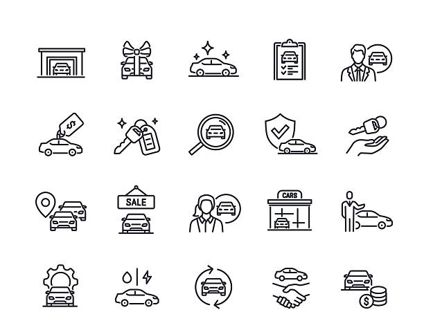 Car sales line icons set. Simple symbols with car keys, insurance, garage and vehicle sale. Editable Stroke. Design Elements for Apps. Outline vector illustration collection Car sales line icons set. Simple symbols with car keys, insurance, garage and vehicle sale. Editable Stroke. Design Elements for Apps. Outline vector illustration collection isolated on background car dealer icon stock illustrations