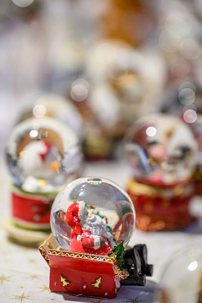 Glass ball Christmas figurines on shelf, Christmas Market