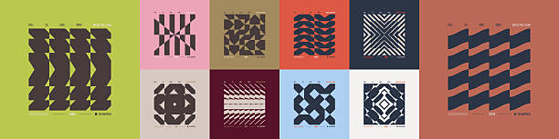 kit komposisi geometris postmodern dengan bentuk abstrak dalam estetika brutalisme, mosaik figur brutal, elemen futuristik retro warna trendi, ornamen modernis vektor, seni kartu 7 - kontras tinggi ilustrasi stok