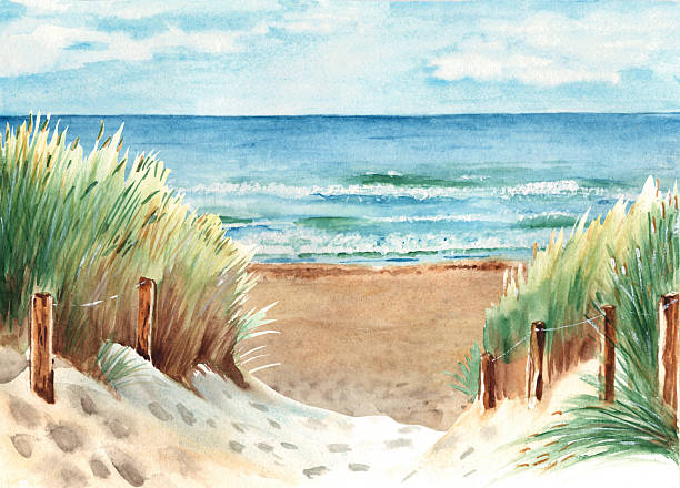 istock Baltic sea beach with sand dunes. Ostsee Panorama. Sunny Weather, blue sky with clouds. Hand drawn watercolor illustration. 2209097877