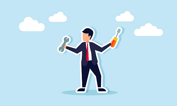 istock Businessman holding a screwdriver and a wrench, illustration of being ready to maintain a business system 2209100767