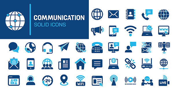 glify komunikacyjne z solidnymi ikonami. zawiera kontakt, wiadomość, sieć, obsługuje solidną kolekcję ikon. ilustracja wektorowa. idealny piksel na czystym białym tle - transmisja stock illustrations