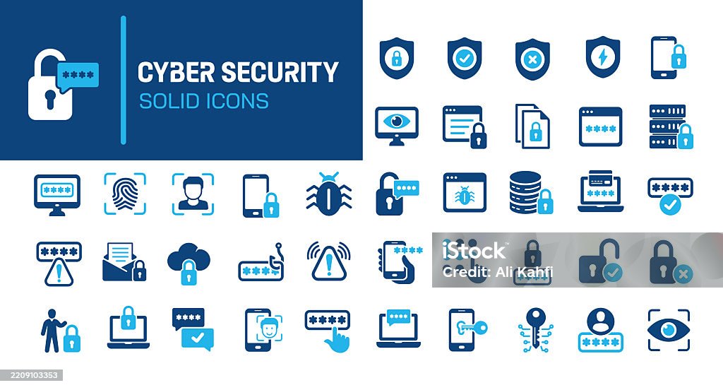 Cyber security glyph solid icons. Containing malware, hacker, spyware, data security solid icons collection. Vector illustration. Perfect pixel on clean white background - Royalty-free Símbolo de ícone arte vetorial Cyber security glyph solid icons. Containing malware, hacker, spyware, data security solid icons collection. Vector illustration. Perfect pixel on clean white background - Royalty-free Símbolo de ícone arte vetorial
