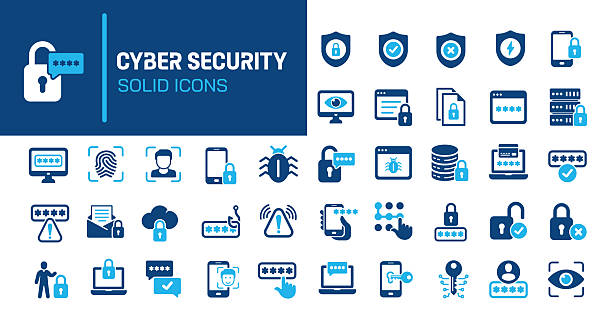 bildbanksillustrationer, clip art samt tecknat material och ikoner med cyber security glyph solid icons. containing malware, hacker, spyware, data security solid icons collection. vector illustration. perfect pixel on clean white background - säkerhetssystem