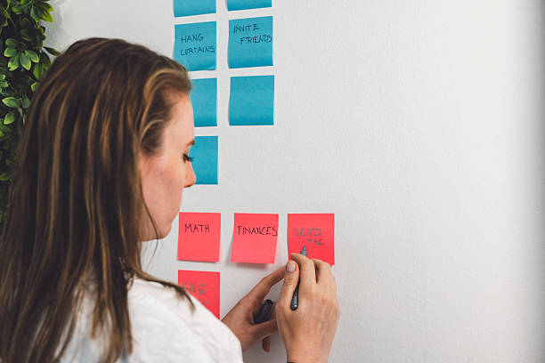istock Woman using post it super sticky notes on the wall to organizer her and teams work. 2209121416