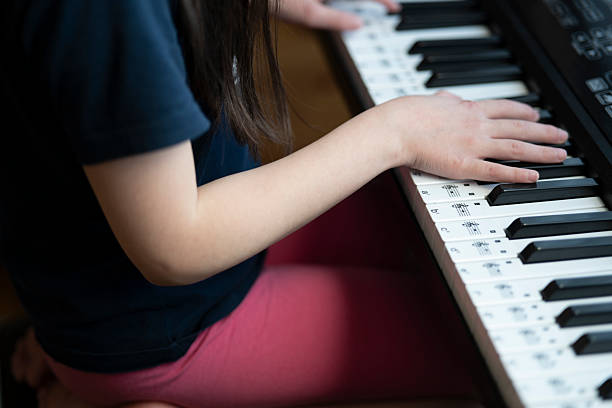 istock Little baby hands playing piano. Educational kids concept. 2209121646