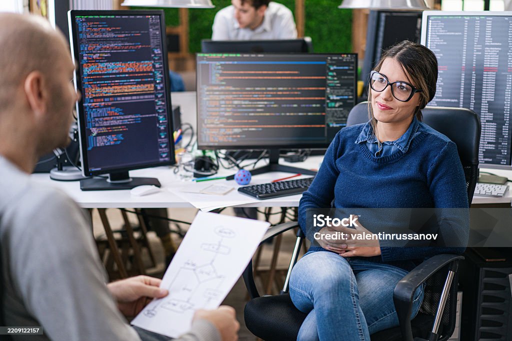 Software Programmers Analyzing Html Code And Database Brainstorming ...
