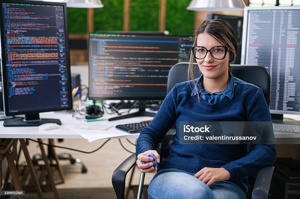 Female Freelance Developer Coding And Programming Coding On Two With ...